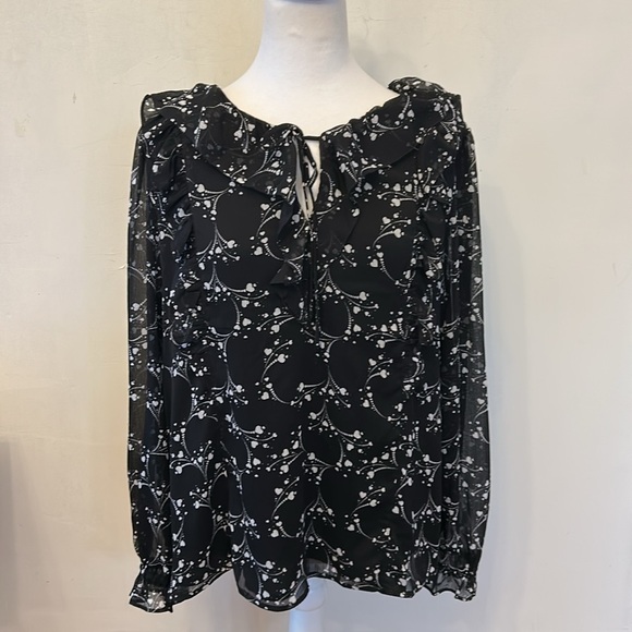 Loft black white long sleeve ruffle blouse Size L New - Picture 2 of 10